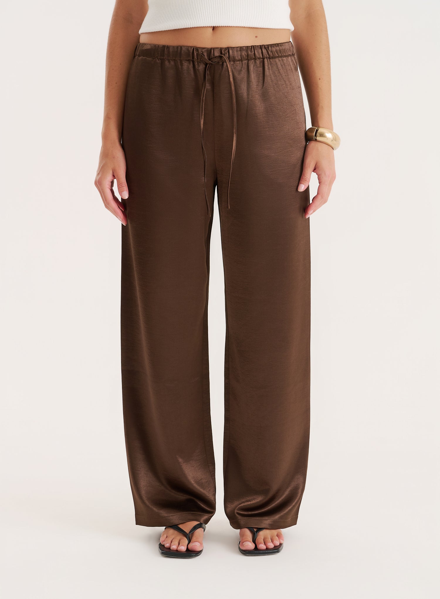 Chocolate Satin Elasticated Waist Wide Leg Trouser